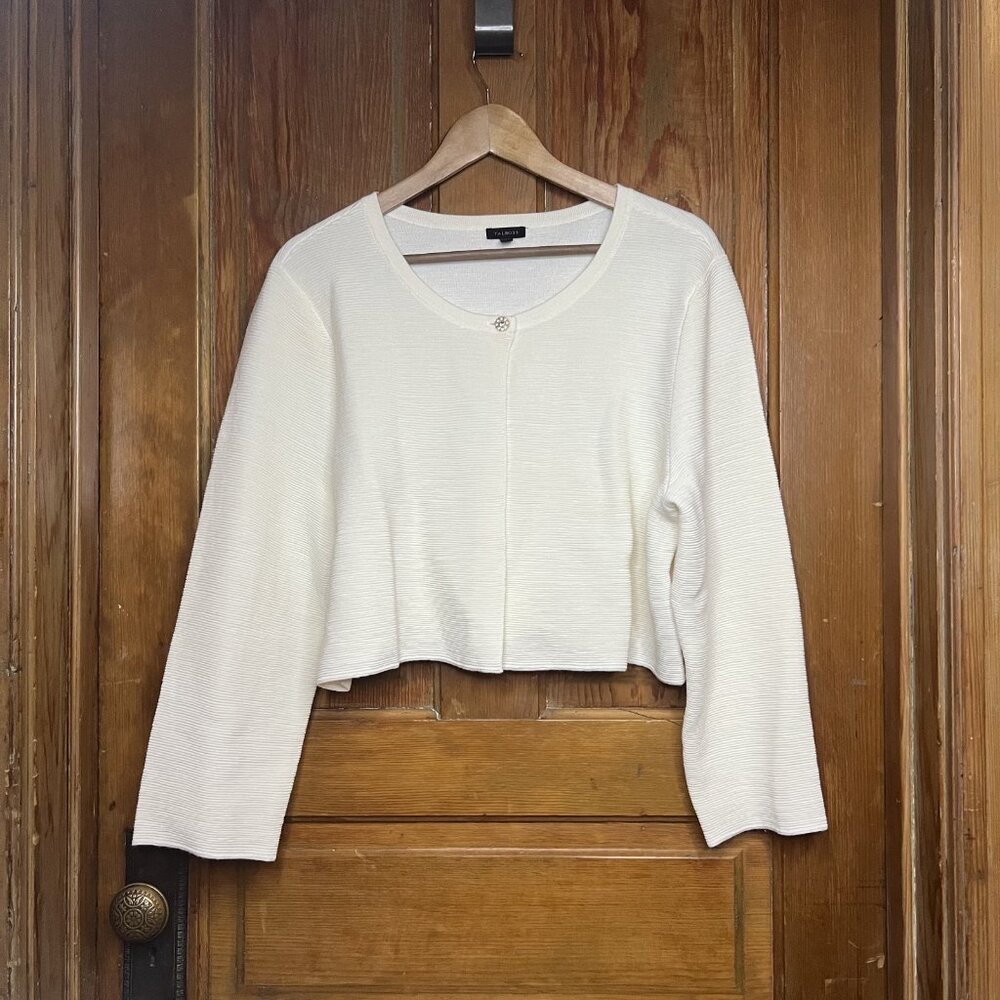 Talbots Ivory Ribbed Wool Blend Cropped Cardigan Sweater Rhinestone Button XL - Picture 2 of 9